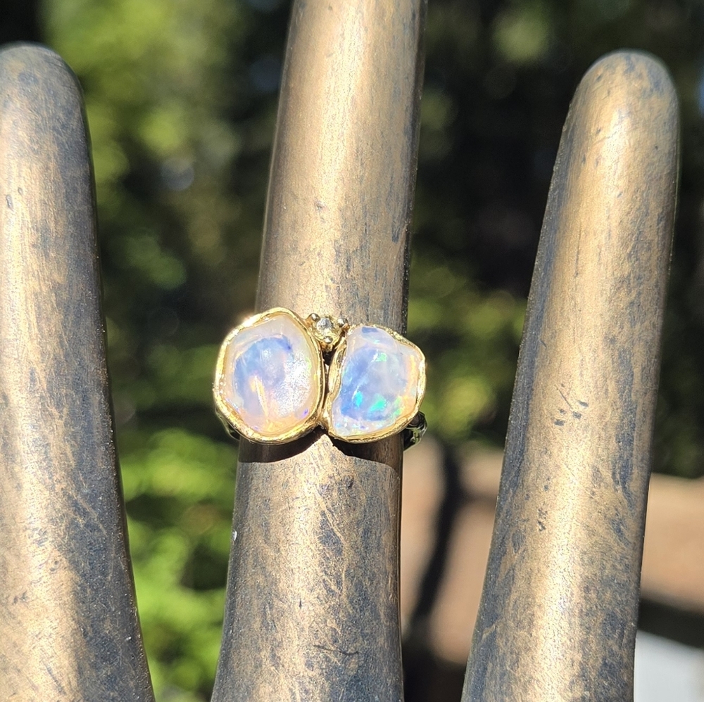 Opal Dual 6k Each Natural Gemstone Sterling Rhodium & Gold Ring Sz6.75 - Picture 3 of 10